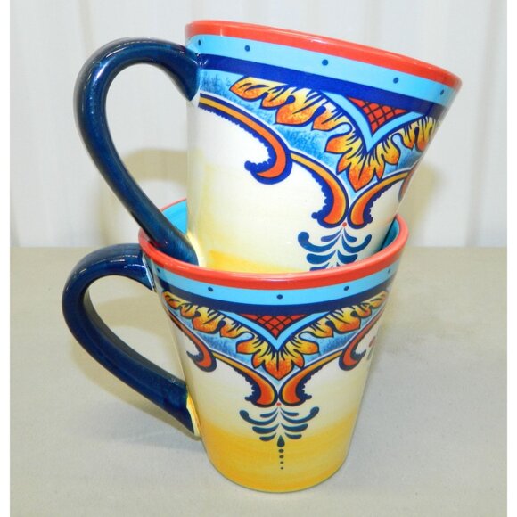 Euro Ceramica Mugs Set of 2 Zanzibar Coffee Tea Stoneware Hand Painted Floral - Picture 7 of 9